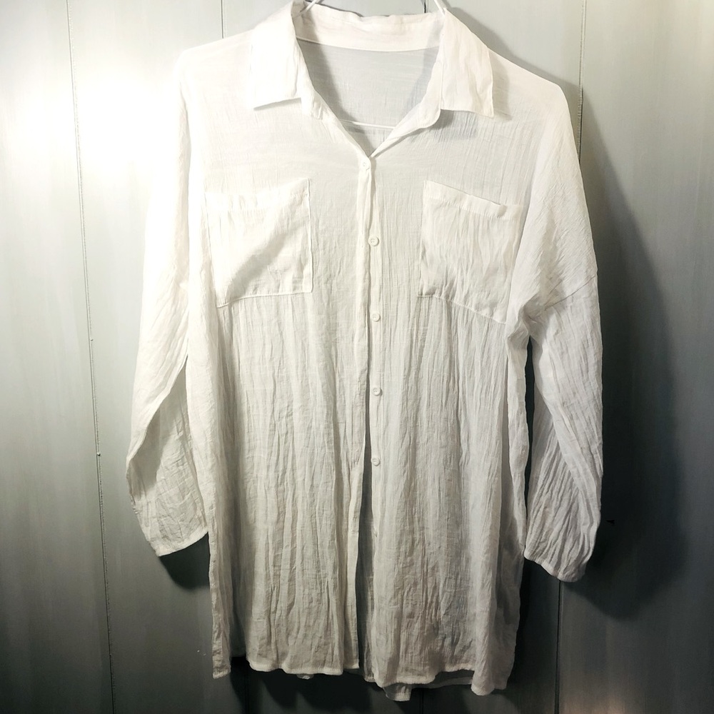 NWOT White gauzy button front blouse/Swim cover, polyester, OS but fits like M/L